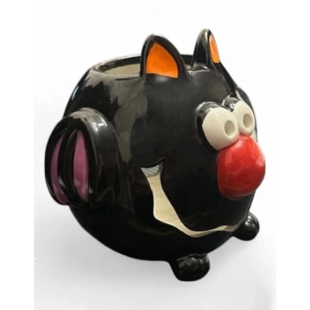 Vintage Style Glossy Ceramic Black Bat Cat Halloween Votive Holder Planter